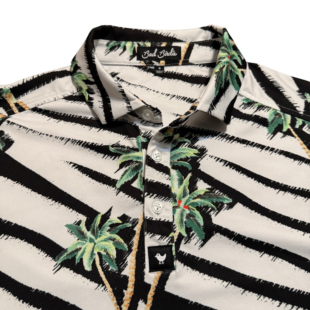 Bad Birdie Golf Polo Shirt Mens Small Performance Palm Tree Athleisure White EUC